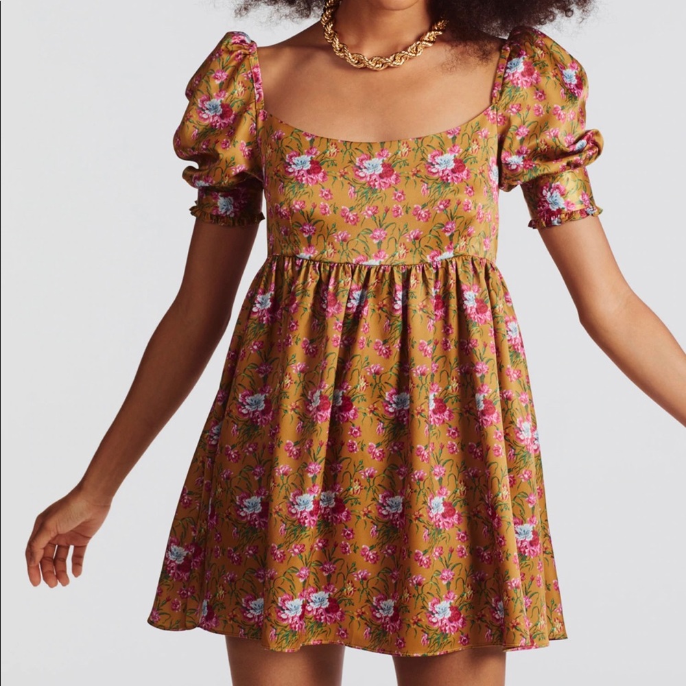 LoveShackFancy Floral Puff-Sleeve Mini Dress in Mustard and Pink